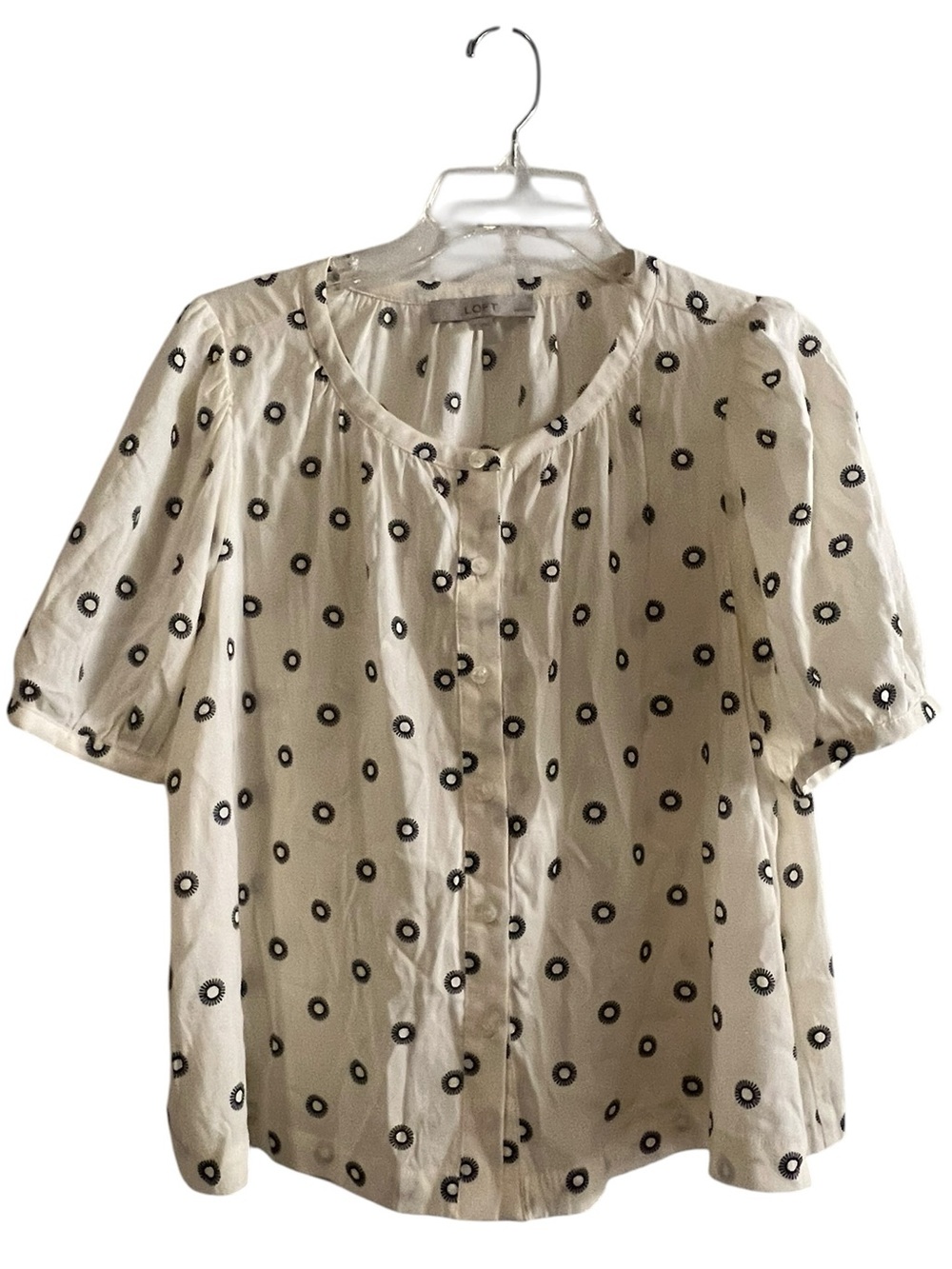 LOFT Petites White Black Circle Print Button Front Blouse MP